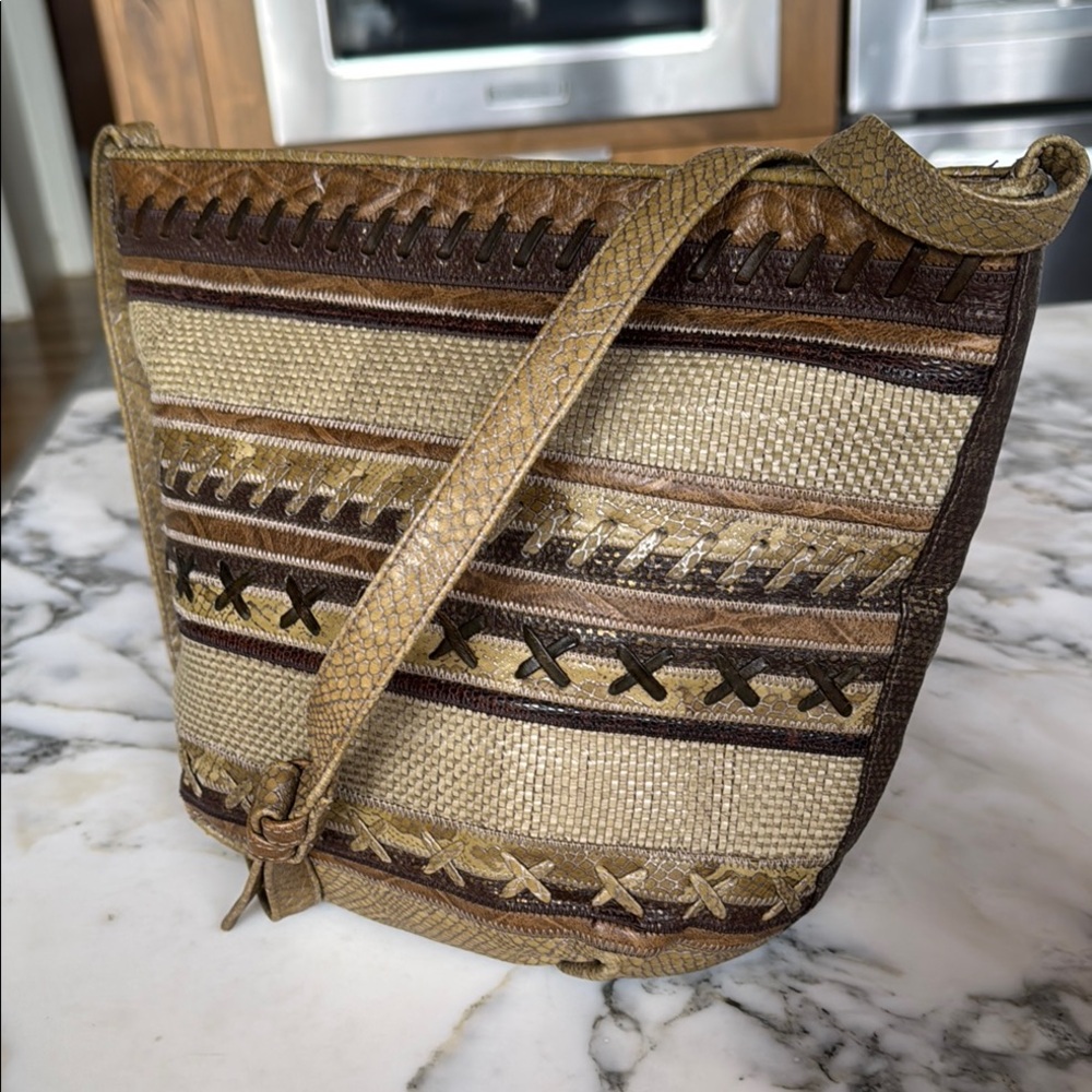 Sharif Brown & Tan Leather Crossbody Bag with Embellishment